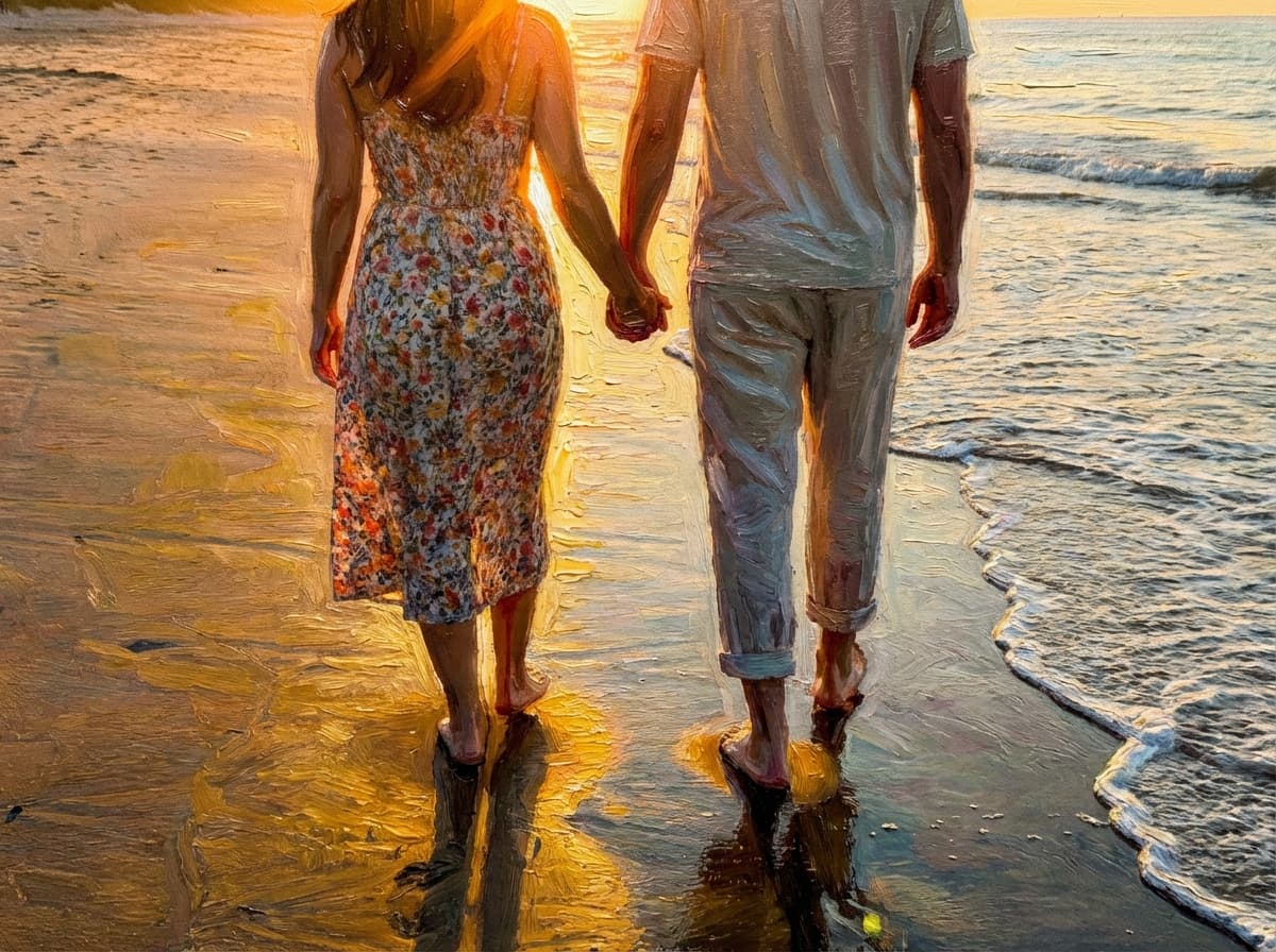 Beautiful oil painting of couple walking on beach at golden hour