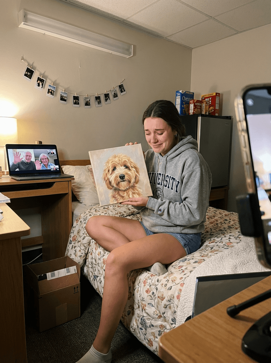 College student with a pet portrait painting in her dorm room